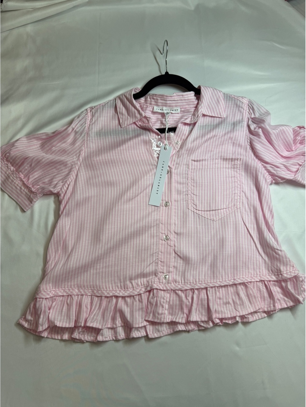 Jane + Delancey Women's Pink and White Striped Ruffle Hem Button-Up Shirt, Size